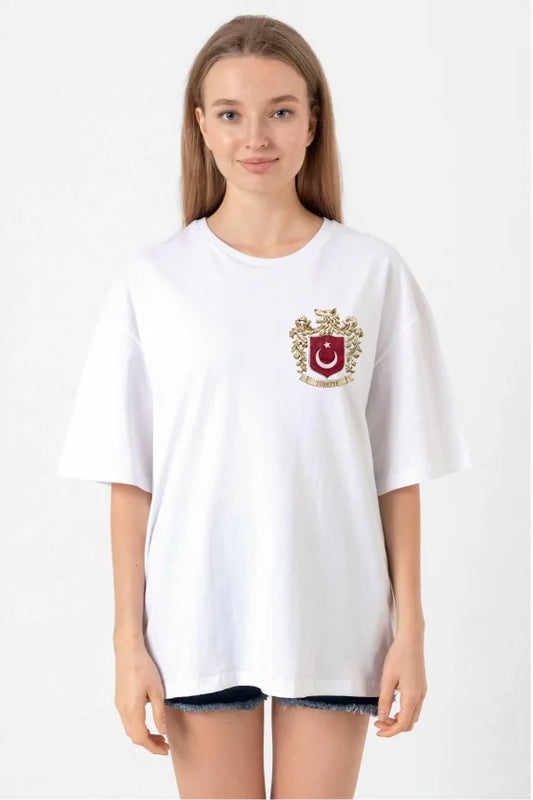 Türk Arma Baskılı Oversize Bisiklet Yaka Günlük T-shirt - Beyaz