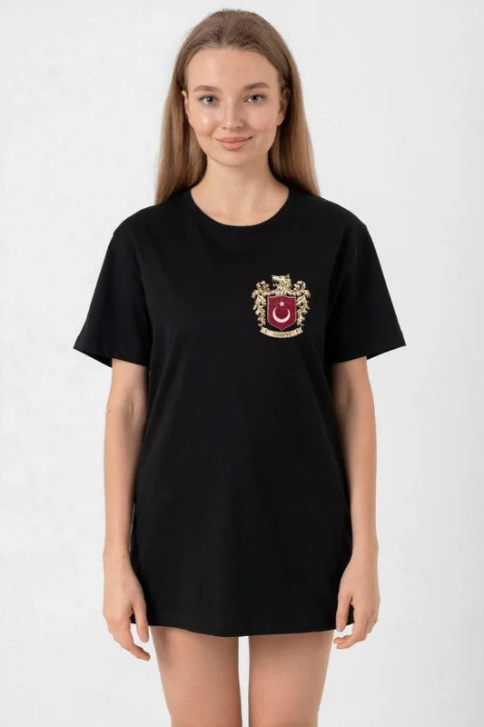 Türk Arma Baskılı Oversize Bisiklet Yaka Günlük T-shirt - Siyah