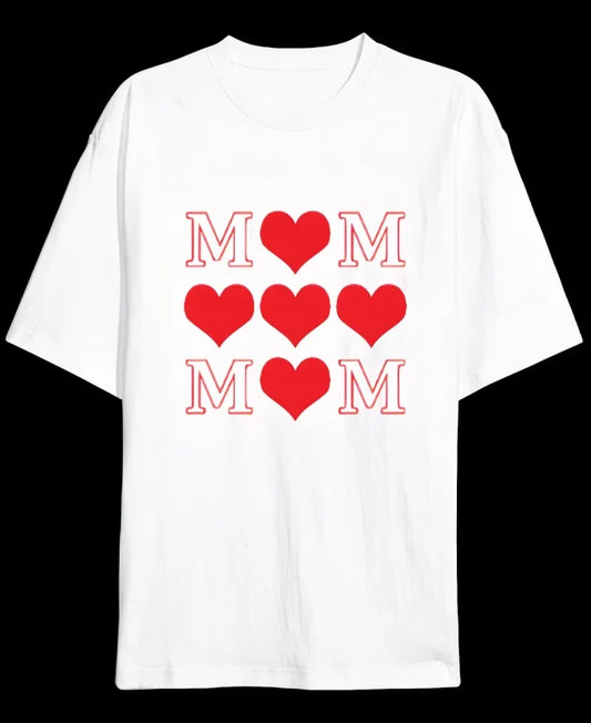 Anneler Günü Hediye MOM Kalp Baskılı Oversize Bisiklet Yaka T-shirt - Beyaz