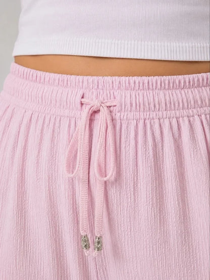 Battal Beden Bürümcük Kumaş Beli Lastikli Bağcıklı Bol Paça Palazzo Pantolon - Pembe