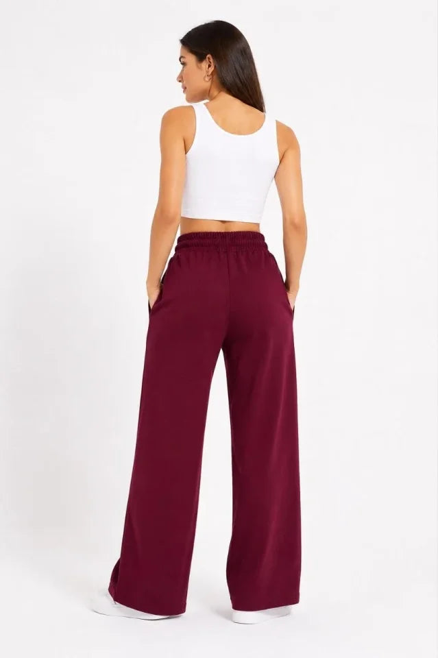 Osy Modal Yumuşak Dokulu Nakışlı Cepli Oversize Bol Paça Eşofman Altı - Bordo