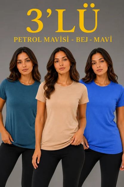 3 lü Kısa Kollu Bisiklet Yaka Basic Slim Fit T-Shirt -Petrol Mavisi  - Bej - Mavi