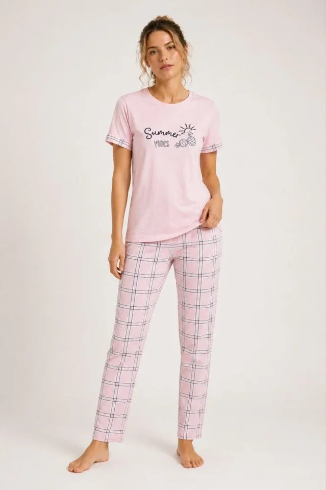 Pamuklu Penye Summer Baskılı Kısa Kollu Pijama Takımı Ekose Desenli - Pembe