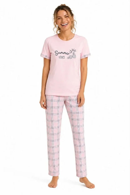 Pamuklu Penye Summer Baskılı Kısa Kollu Pijama Takımı Ekose Desenli - Pembe