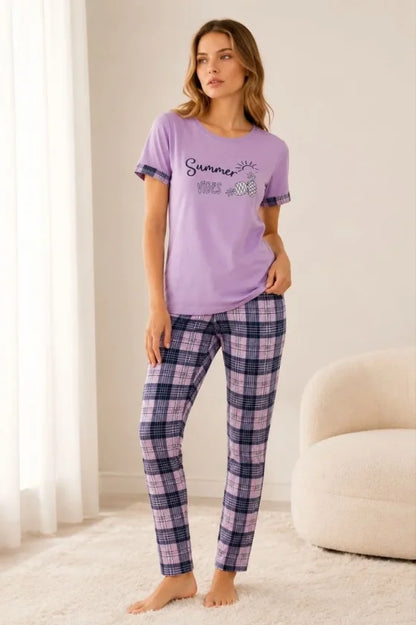 Pamuklu Penye Summer Baskılı Kısa Kollu Pijama Takımı Bisiklet Yaka Ekose Desenli - Lila