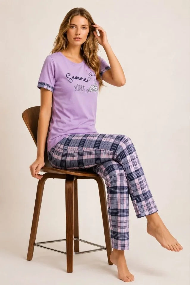 Pamuklu Penye Summer Baskılı Kısa Kollu Pijama Takımı Bisiklet Yaka Ekose Desenli - Lila