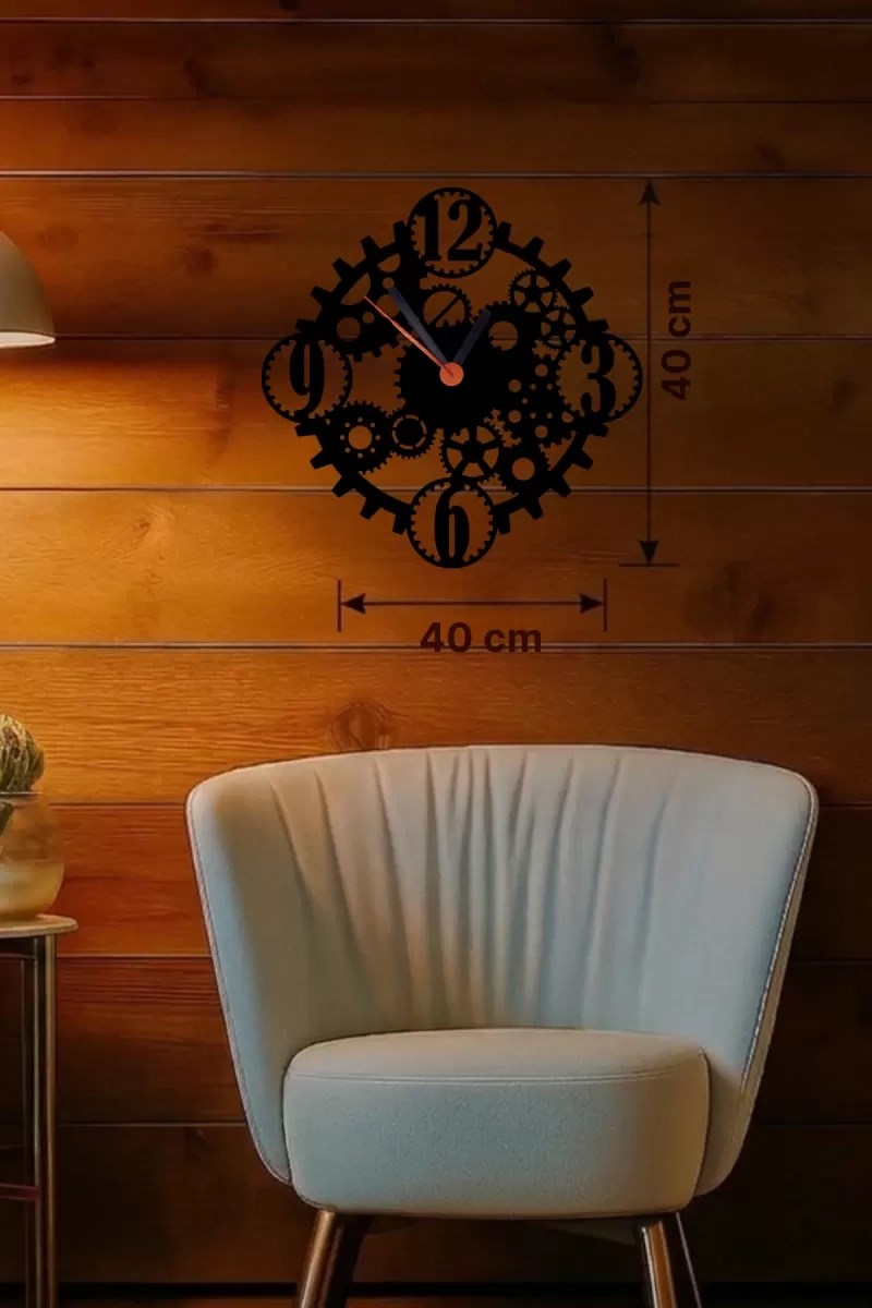 Mey İthalat® Mekanik Dişli Çark Tasarım Ahşap Duvar Saati - 40x40 cm Steampunk Dekor