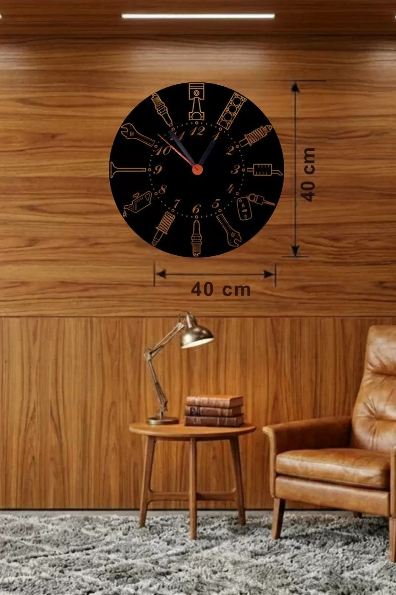 Mey İthalat® Otomobil Parçaları Tasarım Ahşap Duvar Saati - 40x40 cm Mekanik Saat