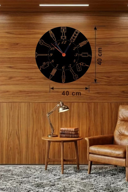 Mey İthalat® Otomobil Parçaları Tasarım Ahşap Duvar Saati - 40x40 cm Mekanik Saat