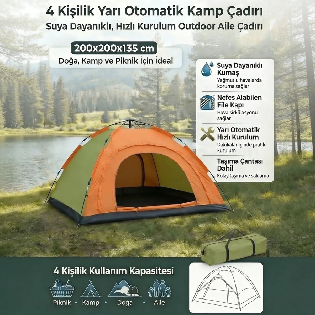 Starixa® 4 Kişilik Yarı Otomatik Kamp Çadırı - Suya Dayanıklı, Hızlı Kurulumlu Outdoor Aile Çadırı, Doğa, Kamp ve Piknik 200x200x135 cm