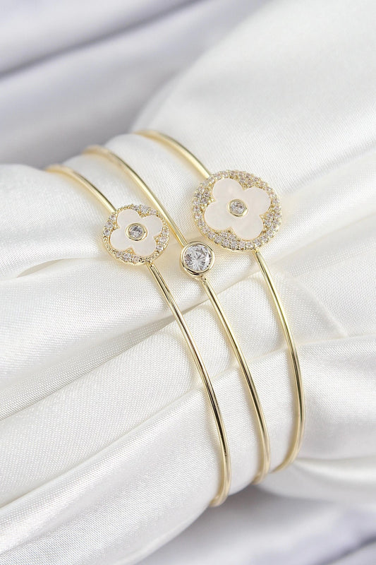 Mey İthalat® Pirinç Zirkon Taşlı Yonca Model Gold Renk Vip 3'lü Kadın Bileklik