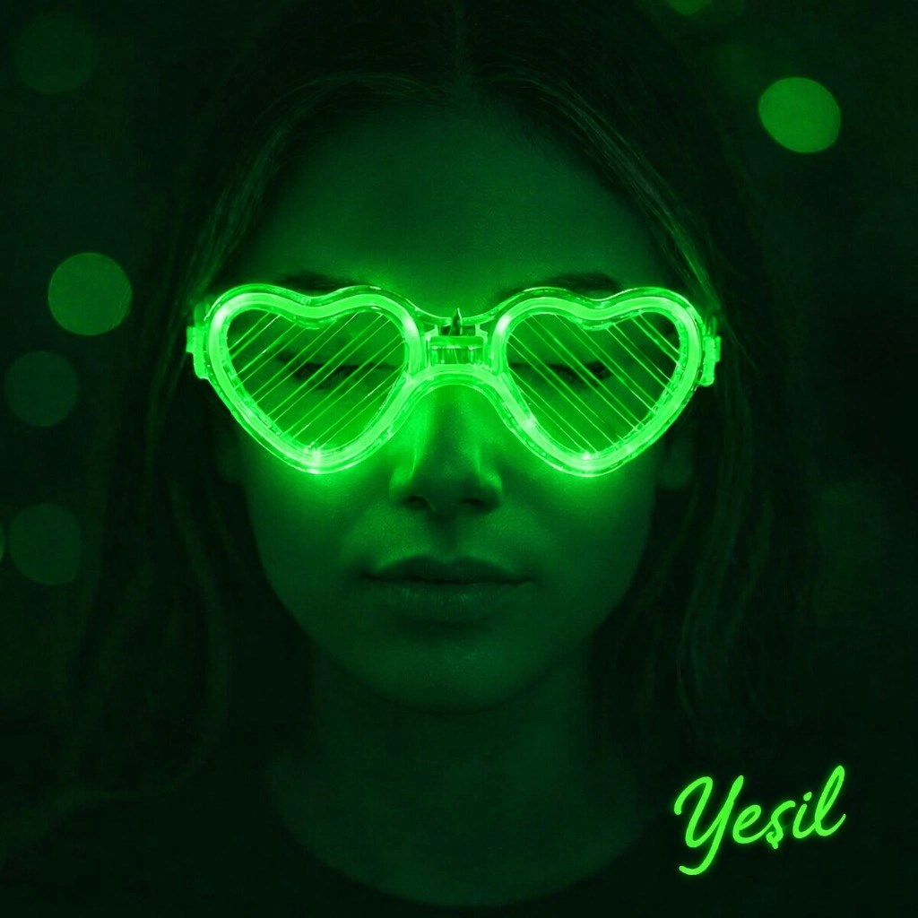 Mey İthalat® Yeşil LED Işıklı Kalp Gözlük - 3 Modlu Parti & Glow Gözlüğü