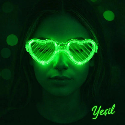 Mey İthalat® Yeşil LED Işıklı Kalp Gözlük - 3 Modlu Parti & Glow Gözlüğü