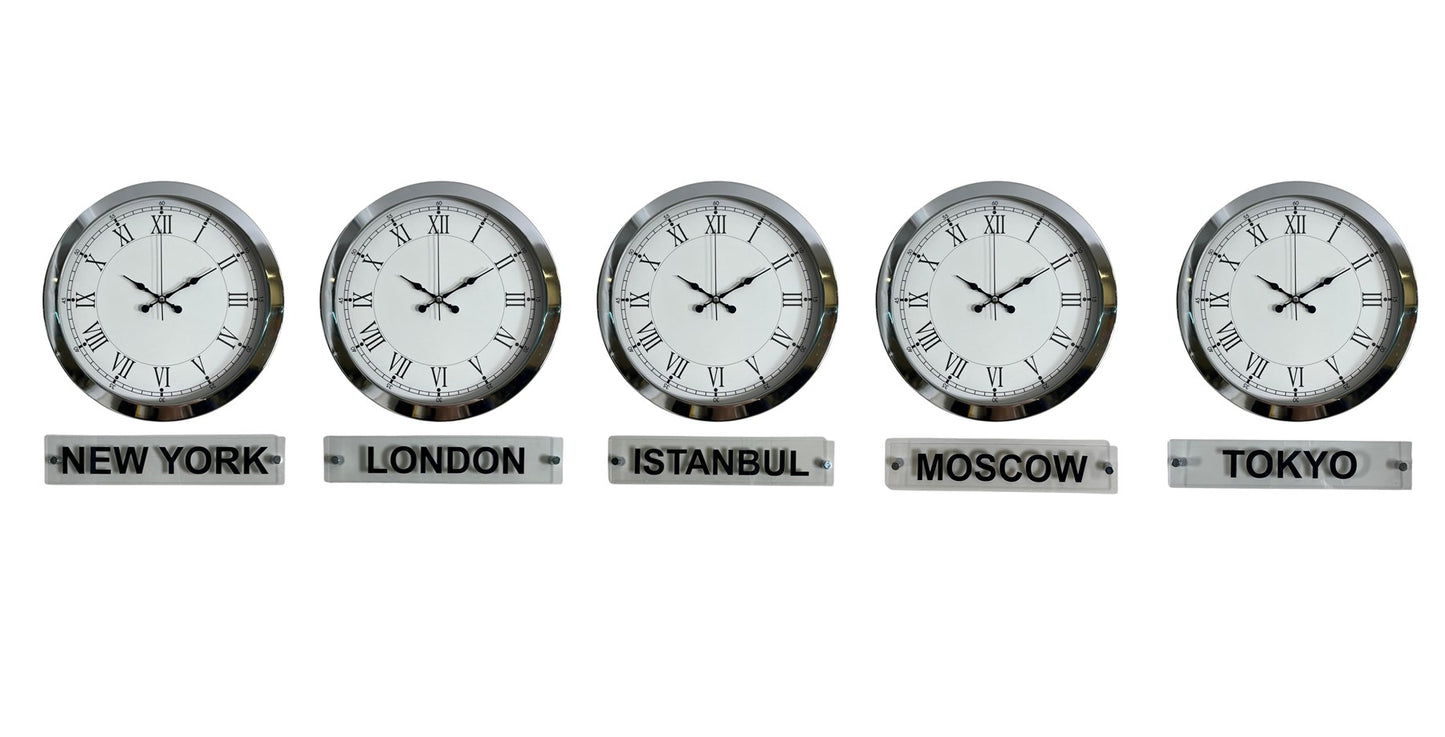 Prestij Krom 36 Cm Metal Tabelalı Dünya Saatleri - 5 li Set