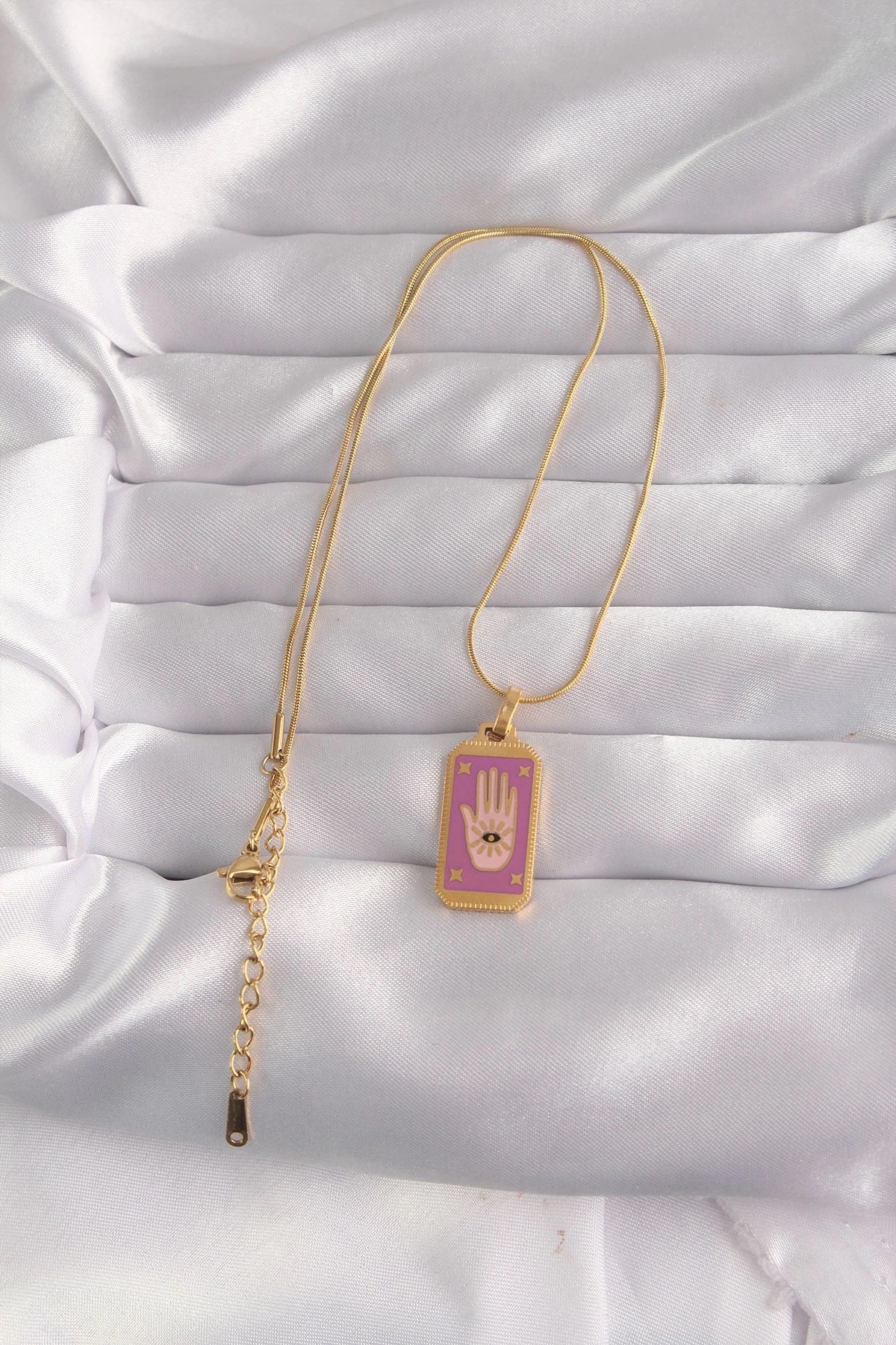 Mey İthalat® 316L Çelik Gold Renk Mor Mineli El Figür Tarot Kolye