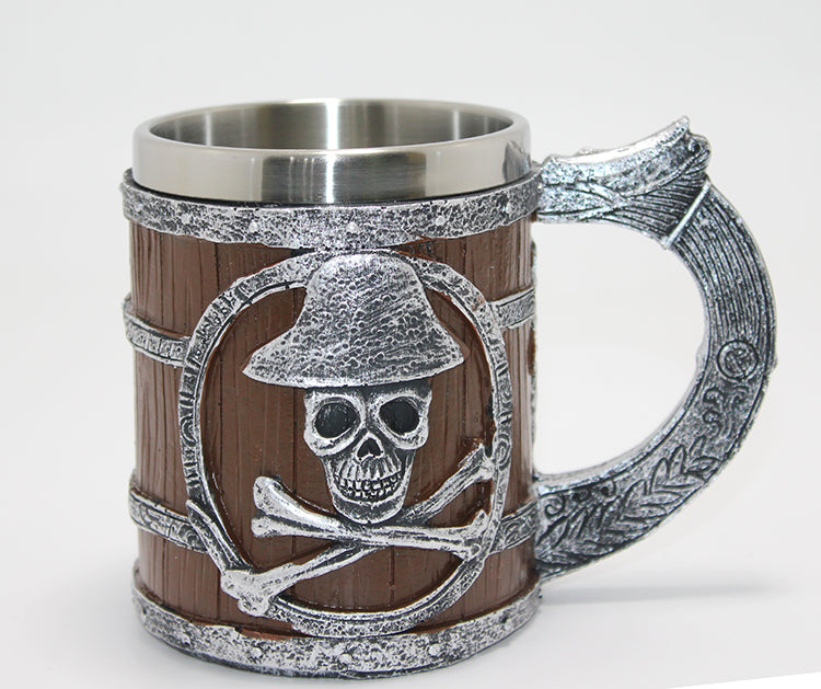 Pirate Themed Wood-Look 3D Embossed Stainless Steel Mug