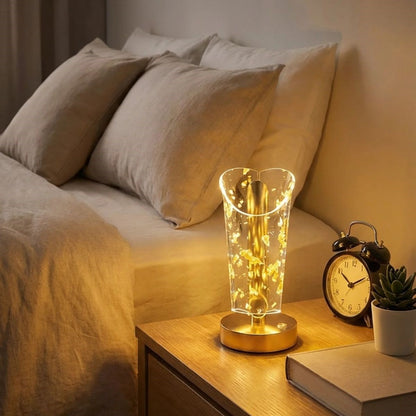 Açık Silindirik Kristal Altın Toz Model LED Masa Lambası - Gold Tabanlı, Dokunmatik, 3 Renk Işık Modlu, Şarjlı Modern Dekoratif Gece Lambası (5347)