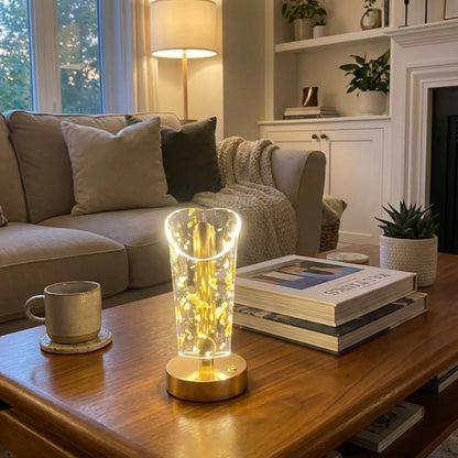 Açık Silindirik Kristal Altın Toz Model LED Masa Lambası - Gold Tabanlı, Dokunmatik, 3 Renk Işık Modlu, Şarjlı Modern Dekoratif Gece Lambası (5347)