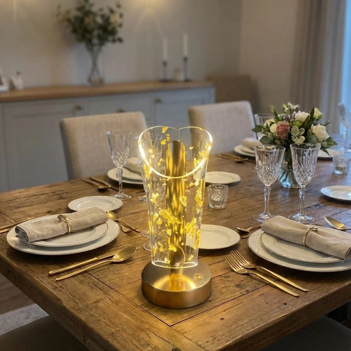 Açık Silindirik Kristal Altın Toz Model LED Masa Lambası - Gold Tabanlı, Dokunmatik, 3 Renk Işık Modlu, Şarjlı Modern Dekoratif Gece Lambası (5347)