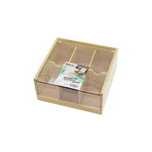 AHŞAP BAMBU 6 BÖLMELİ  POŞET ÇAY KUTUSU MİKA PLASTİK KAPAK  21X20X10CM (5347)