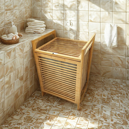 AHŞAP BAMBU KİRLİ ÇAMAŞIR SEPET KUMAŞ ÇANTALI SEPET=40X35X60CM (5347)