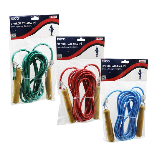 AHŞAP SAPLI PVC ATLAMA İPİ RENKLİ 5MT (5347)
