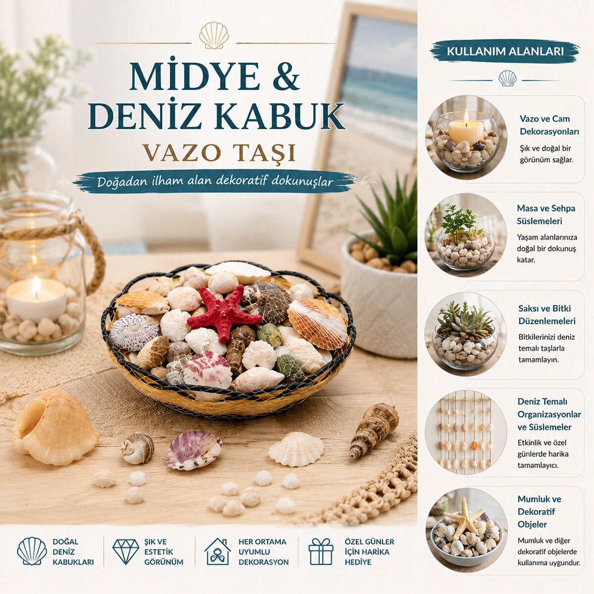 AHŞAP YUVARLAK SEPET - FİLELİ RENKLİ MİX MİDYE - DENİZ KABUK VAZO TAŞI (5347)