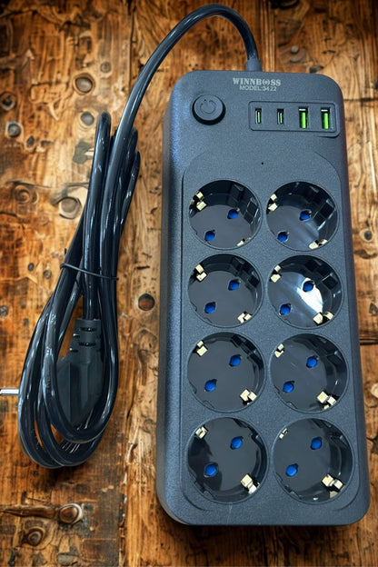 Akım Korumalı Termal Uzatma Kablosu - 8 Priz, 2 USB ve 2 Type-C Girişli, Güçlü Çoklu Priz (5347)