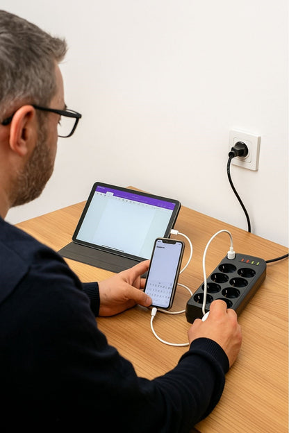 Akım Korumalı Termal Uzatma Kablosu - 8 Priz, 2 USB ve 2 Type-C Girişli, Güçlü Çoklu Priz (5347)