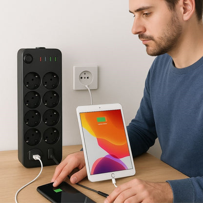 Akım Korumalı Termal Uzatma Kablosu - 10 Priz, 2 USB ve 2 Type-C Girişli, Güçlü Çoklu Priz (5347)