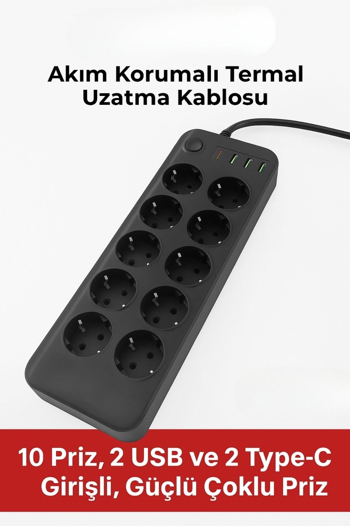 Akım Korumalı Termal Uzatma Kablosu - 10 Priz, 2 USB ve 2 Type-C Girişli, Güçlü Çoklu Priz (5347)