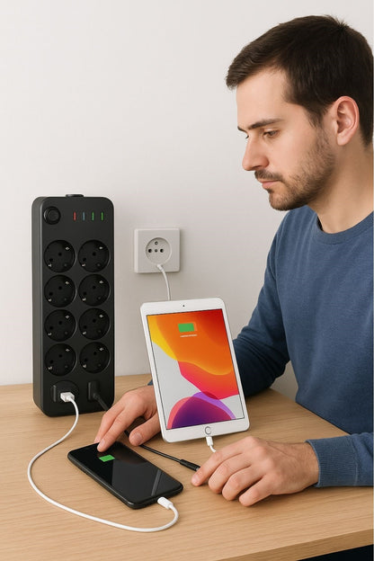 Akım Korumalı Termal Uzatma Kablosu - 10 Priz, 2 USB ve 2 Type-C Girişli, Güçlü Çoklu Priz (5347)
