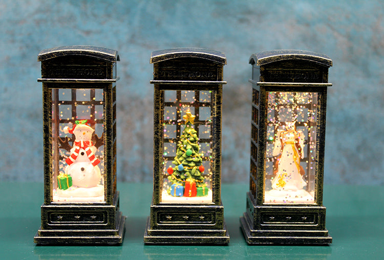Black Light-Up Phone Booth Snow Globe Design