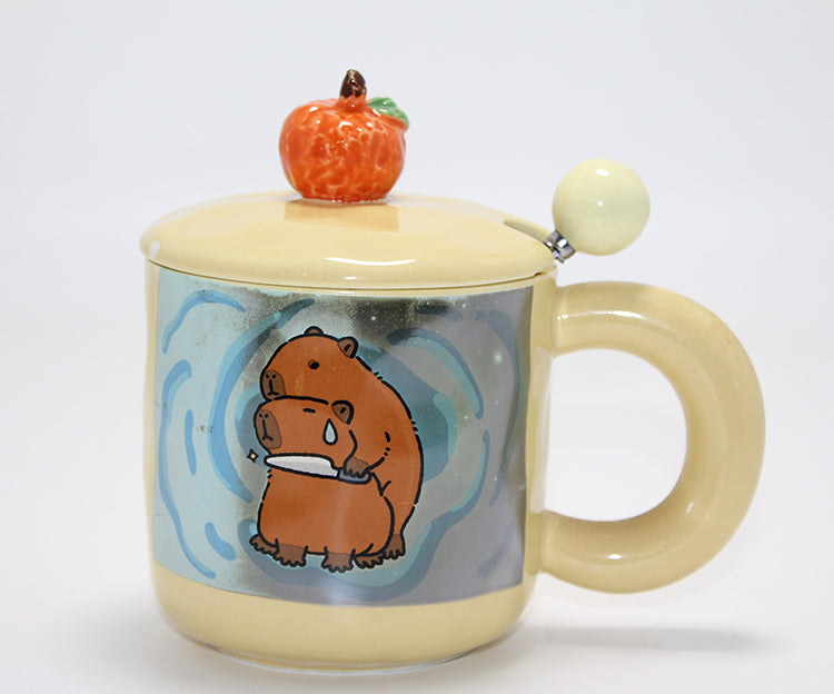 Capybara Patterned Porcelain Mug with Lid and Spoon
