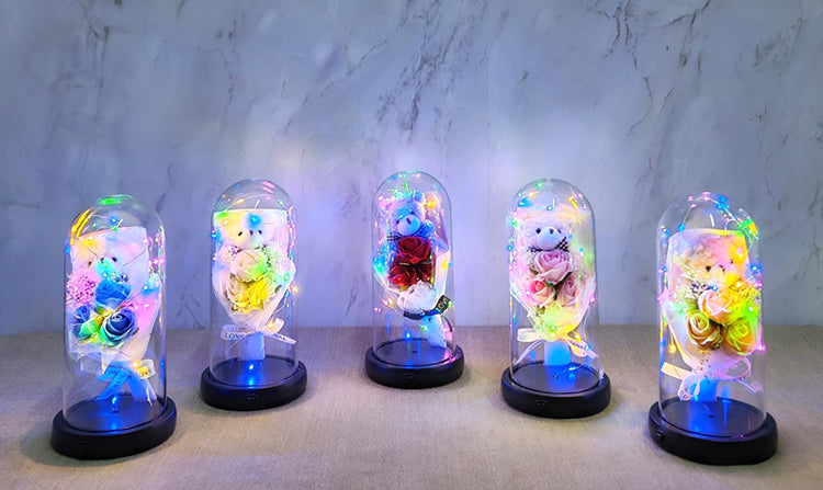 Rose Bouquet with Cute Teddy Bear in a Light-Up Musical Dome
