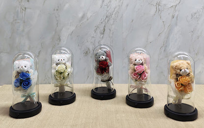 Rose Bouquet with Cute Teddy Bear in a Light-Up Musical Dome