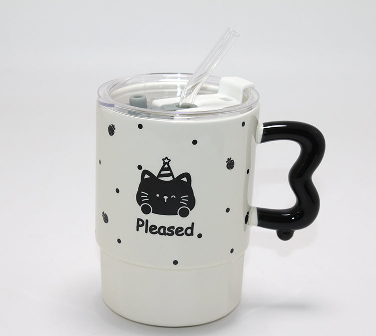 Porcelain Mug with Lid and Straw, Cute Bear Figure