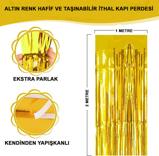 Altın Gold Renk Ekstra Metalize Parlak Saçaklı Arka Fon Perde İthal A Kalite 1x2 Metre (5347)