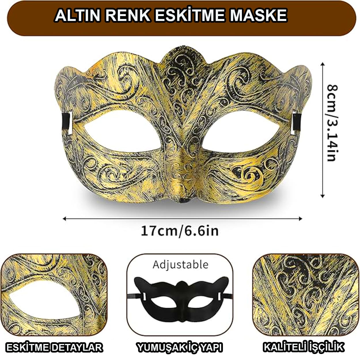 Altın Renk Eskitme Maskeli Balo Maskesi - Venedik Tarzı Parti Maskesi (5347)