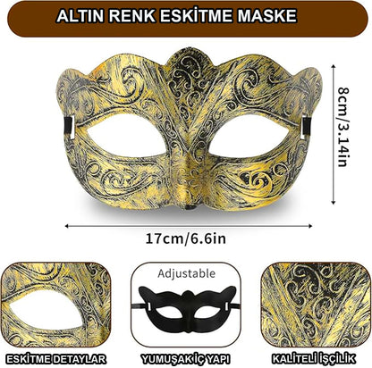 Altın Renk Eskitme Maskeli Balo Maskesi - Venedik Tarzı Parti Maskesi (5347)
