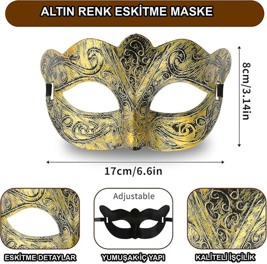 Altın Renk Eskitme Maskeli Balo Maskesi - Venedik Tarzı Parti Maskesi (5347)