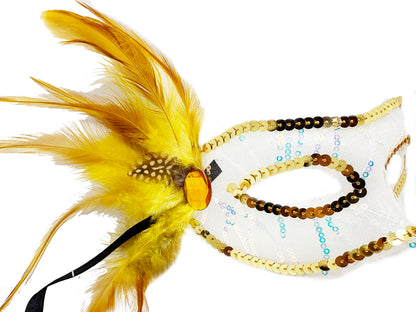 Gold Color Feathered Sequin Embellished Party Mask 23x12 cm (5347)