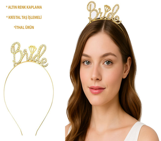 Altın Renkli Taşlı 'Bride' Gelin Tacı