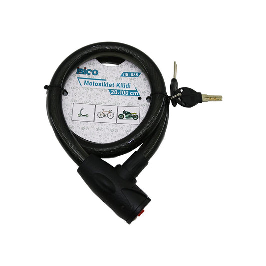 ANAHTARLI AÇ-KAPA KİLİT KAPAKLI MOTOR - BİSİKLET KİLİT ÇELİK TEL SİYAH ŞEFFAF KILIF 20MMX100CM (5347)