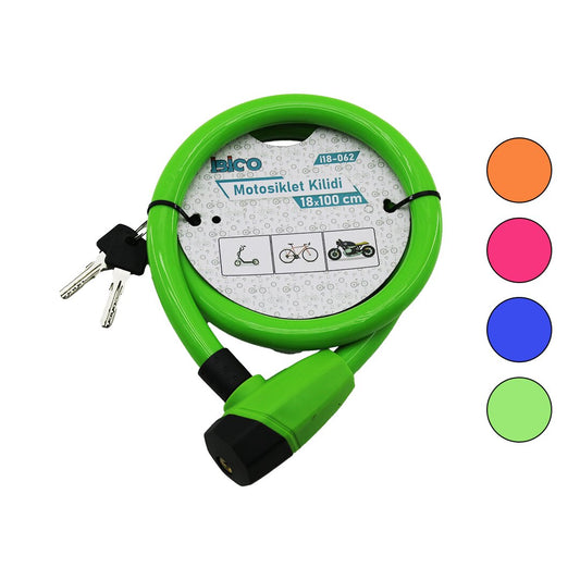 ANAHTARLI KALIN MOTOR - BİSİKLET KİLİT ÇELİK TEL RENKLİ KILIF 18MMX100CM (5347)
