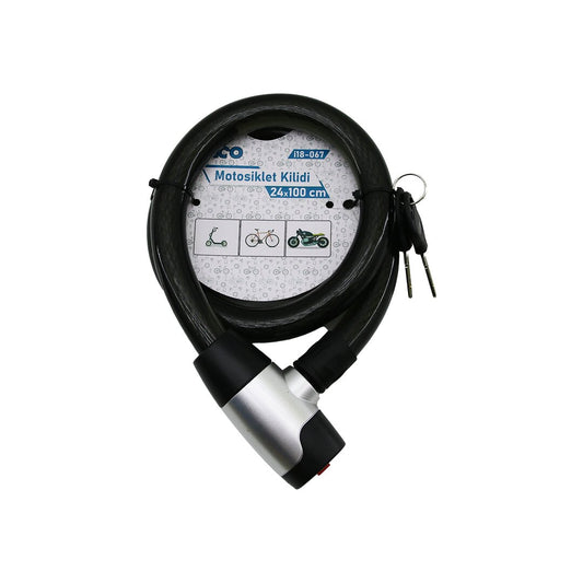 ANAHTARLI METAL KAPLAMA KAFA ÇEK-İT KİLİT KAPAK MOTOR - BİSİKLET KİLİT ÇELİK TEL SİYAH ŞEFFAF KILIF 24MMX100CM (5347)