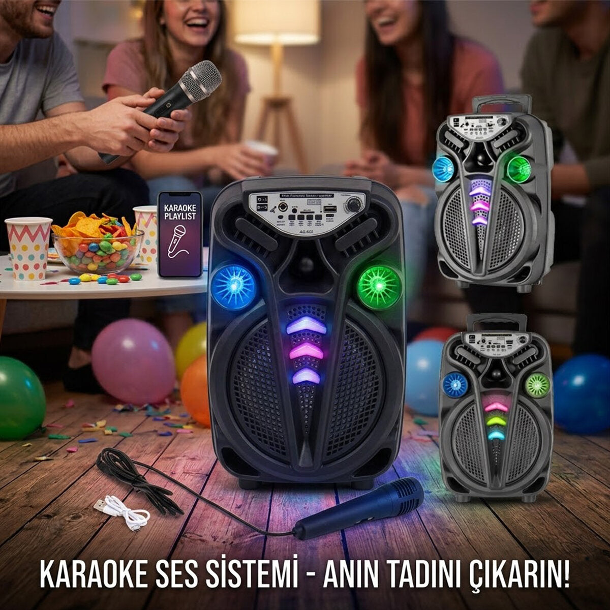 AO-835-832 KARAOKE MİKROFONLU WİRELESS HOPARLÖR - SPEAKER IŞIKLI USB ŞARJLI DC 5V - TF - AUX 8 INC INCH PL-4681 (5347)