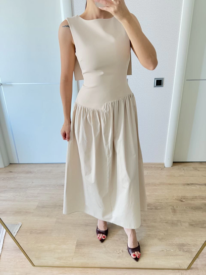 Crepe Back Wing Back Front Dart Detailed Long Women's Dress - Beige
