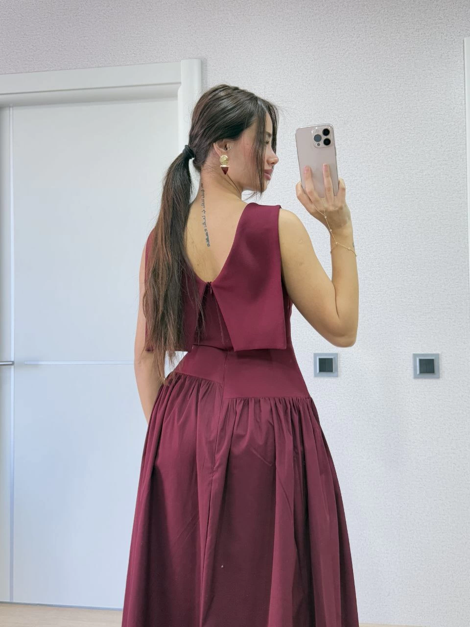 Women's Long Crepe Dress with Winged Back and Front Dart Detail - Burgundy