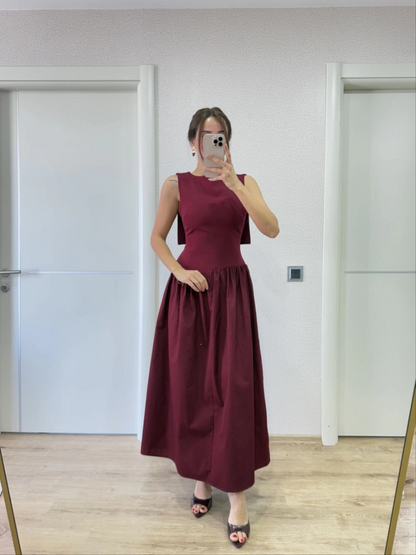 Women's Long Crepe Dress with Winged Back and Front Dart Detail - Burgundy